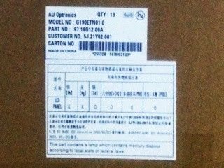 G190ETN01.0 AUO 19.0 ιντσών WLED φως πίσω, άνω I/F, Ματ 12S4P WLED, 30K ώρες, Χωρίς οδηγό